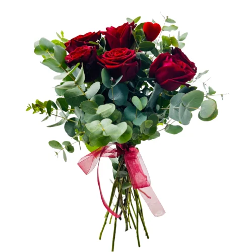 červené ruže a eukalyptus